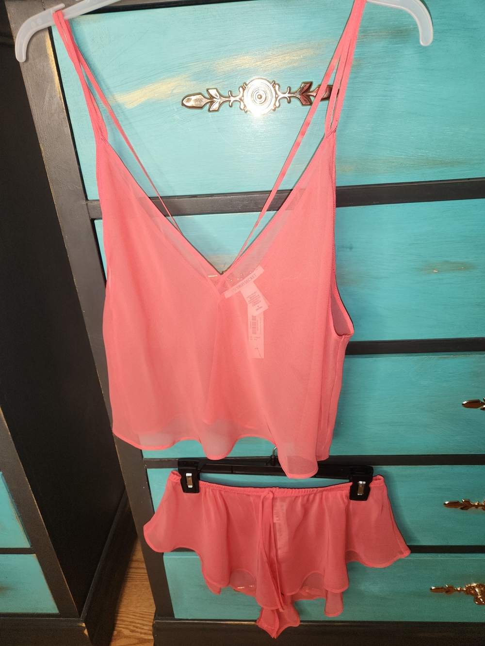 Victoria's Secret Coral Pink Sheer Camisole & Ruffle Short Sleep Set Nwt